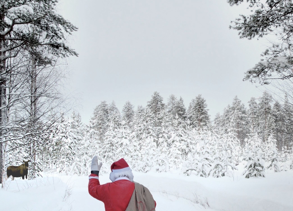 Santa Claus on Snowy Road in Finnish Lapland