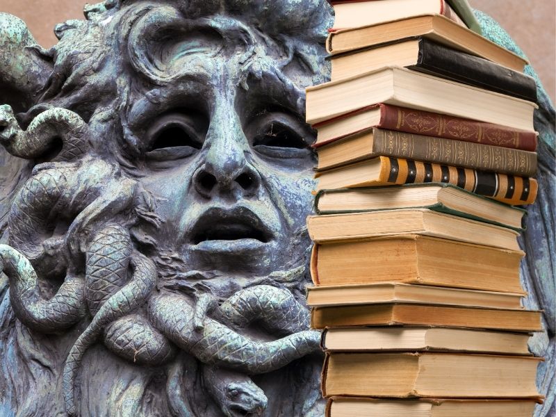 Books and statue